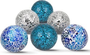 6Pcs Decorative Ball Set, 6cm/2.4inch Mosaic Glass Orbs Centerpiece Balls Decoration Glass Solid Ball Mirror Glass Ball for Decorate Bowls Vases Tables Wedding Party (Mixed Color)
