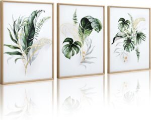 ArtbyHannah Framed Bathroom Canvas Wall Art, Botanical Wall Decor with Green Plant Print for Living Room (12×16 Inch, 3pack)