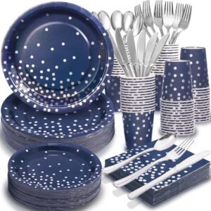 Gudvilla350 PCS Navy Blue Plates and Napkins Party Supplies,Navy Blue Paper Plates with Plastic Silverware Serve 50 Guests,Blue and Silver Birthday Plates Disposable for Wedding Retirement Decorations