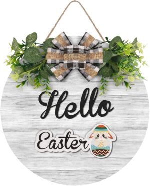 RoseCraft Interchangeable Wooden Seasonal White Hello Sign, Rustic Welcome Front Door Wreaths for Home Wall Porch Decor, for Easter Spring Summer Fall Halloween Christmas All Season Decorations.