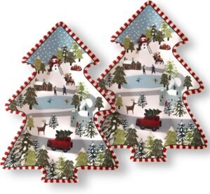 Christmas Tree Melamine Tray – Santa & Snowman Pattern | Ideal for Holiday Treats, Candy, and Feasts | Festive Tableware for Christmas Parties (2 Pcs)