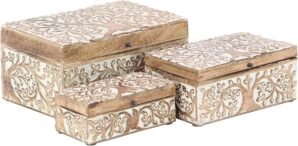 Deco 79 Mango Wood Floral Decorative Box Decorative Keepsake Boxes with Hinged Lid, Set of 3 Storage Boxes 8″, 10″, 12″W, Brown