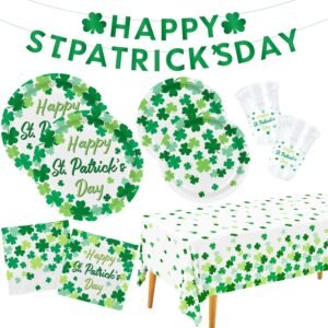 St. Patrick’s Day Party Supplies Kit for 25 – Irish Themed Tableware with Lucky Shamrock Plates, Napkins, Cups & Tablecloth, Plus Festive Banner for the St. Patrick’s Party Decorations