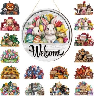 Yousoontic 17 Pcs 12 Inch Magnetic Welcome Door Sign Interchangeable Easter Front Door Decorations Spring Seasonal and Festive Signs for Women Gift home Round Decor(Classic Color)