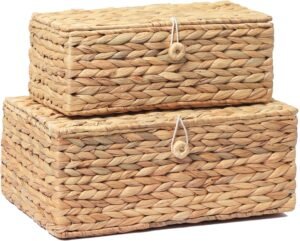 Set of 2 Rectangular Wicker Storage Bins with Lid, Rattan Basket Decorative Boxes, Multipurpose Organizer Rattan Display Boxes for Shelf Organizer, Boho Rattan Box for Home Decoration