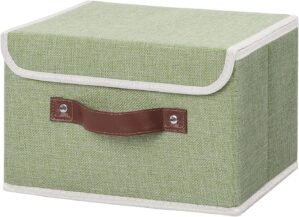 ANMINY Storage Bin with Lid Storage Boxes with PU Leather Handles PP Plastic Board Decorative Foldable Lidded Cotton Linen Fabric Home Cubes Baskets Closet Organizer Container – Green, Small Size