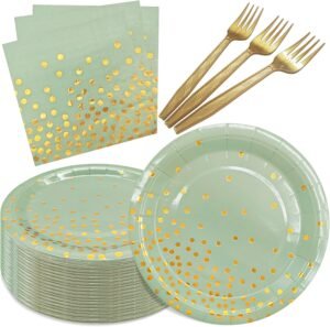 Serve 35 Guests Sage Green and Gold Party Supplies, Plates and Napkins, 7 Inch Disposable Dessert Paper Plates for Wedding Birthday Party