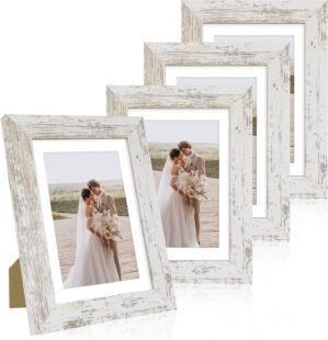5×7 Picture Frame Set of 4, Made of Real Glass and Distressed White Wooden Frame, 5 by 7 Photo for Wall or Tabletop – Display Picture 4×6 with Mat or 5×7 Without Mat