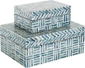 Deco 79 Mother of Pearl Shell Geometric Handmade Decorative Box Mosaic Storage Decorative Keepsake Box with Cream Underlay, Set of 2 Storage Box 12″, 8″W, Blue