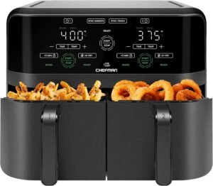 Chefman 6 Quart Dual Basket Air Fryer – Digital Touchscreen, Smart Sync Finish, Hi-Fry, Auto Shutoff, 2 Independent 3QT Nonstick Dishwasher-Safe Frying Baskets – Digital Double Air Fryer – Black