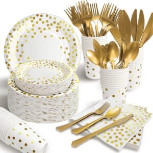 350PCS White and Gold Party Supplies, Severs 50 Disposable Gold Paper Plates Party Supplies Engagement Party Decorations Gold Plastic Forks Knives Spoons Napkins Cups for Wedding Bachelorette