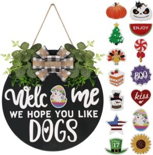 Interchangeable Wooden Seasonal Welcome Sign, Rustic Round Dogs Sign Front Door Wreaths for Home/Wall/Porch Decor, for Easter Spring Summer Fall Halloween Christmas All Season Decorations