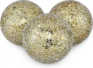 MDLUU 4″ Decorative Orbs, Mosaic Sphere Balls, Centerpiece Balls for Bowls, Vases, Dining Table Decor, Pack of 3 (Gold)