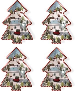 Christmas Tree Melamine Tray – Santa & Snowman Pattern | Ideal for Holiday Treats, Candy, and Feasts | Festive Tableware for Christmas Parties (4 Pcs)