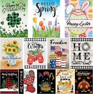 Pating Seasonal Garden Flags Set of 12 Double Sided 12 x 18 Inch, Small Yard Flags for Outside, Christmas Halloween Easter Valentine’s Day Outdoor Decor, Holiday Garden Decorations for All Seasons