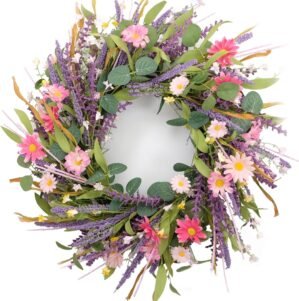 22inch Artificial Spring Summer Wreath Lavender with Colorful Flowers,Green Leaves for Front Door Home Wall Party Decor