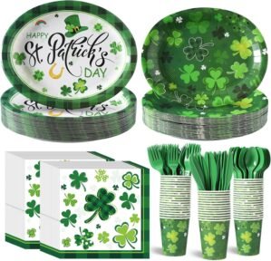 350 Pieces St. Patrick’s Day Party Supplies Irish Party Tableware Set for 50 Guests Include Oval Dinner Plates Dessert Plates Shamrocks Napkins Paper Cups Green Plastic Forks Spoons Knives