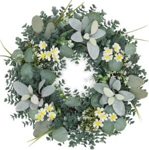 18 Inch Eucalyptus Wreath,Artificial Wreaths for Front Door,Year Round Greenery Wreath with Eucalyptus Boxwood Leaf Little Daisy Lambs Ear for Home,Outside Spring/Summer,All Seasons-Indoor/Outdoor