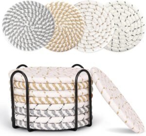 MeltsetM Coasters for Drinks Absorbent Woven Coaster Set with Holder Farmhouse Cute Cloth Fabric Cup Coasters for Coffee Table Office Desk, Handmade Boho Decor Tabletop Protection, 8 Pack