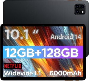Android Tablet, 10.1 inch Android 14 Tablet, Octa-core Processor, RAM 12GB, ROM 128GB (Up to 2 TB), 800 x 1280 Resolution, WiFi 6 & Bluetooth 5.4, Dual Cameras, Dual Speakers, 6000mAh Battery, Black