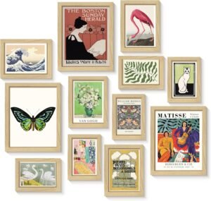 Bzstyleart Framed Eclectic Wall Art Set of 12, Vintage Gallery Wall Art, Maximalist Prints Wall Decor, Large Wall Posters for Room Aesthetic, Colorful Boho Home Decor (Eclectic Wood Framed)