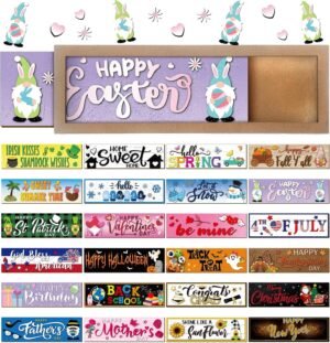 Barydat Interchangeable Season Sign Interchangeable Welcome Wood Sign for Table Decorative Seasonal Sign Decor with a Wooden Frame Wreaths for Fall Thanksgiving Halloween Autumn Decor