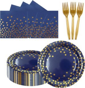 150PCS Paper Plates and Napkins Set – Dark Blue and Gold Dot Disposable Party Dinnerware Includes Paper Plates, Napkins, Forks Decorations for Birthdays, Graduations, Weddings and Holidays, Serves 50