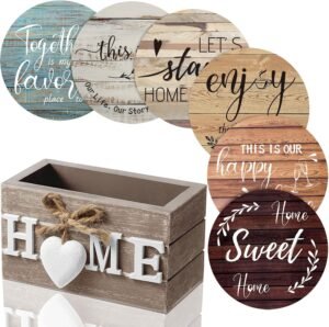 Queekay Housewarming Gifts for Home Decoration Wooden Heart Coasters for Drinks 6 Set Farmhouse Coasters with Holder Funny for Family Coffee Table Protection, 4”(Classic Farmhouse)