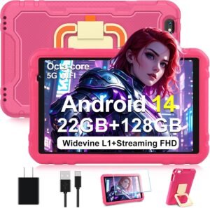 2025 Android 14 Tablet, 10 inch Tablets 22GB+128GB +1TB Expand, 8000mAh Octa-Core Tablet w/ Drop-proof Case, HD IPS Display, GPS, 5G WIFI, Split Screen,Widevine L1, for Adults and Kids -Metal Rose Red