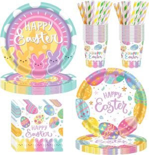 125PCS Easter Party Supplies Set, Happy Easter Bunny Egg Disposable Paper Plates Tableware Serve 25 Guests, Easter Dinner Plates 9″ Dessert Plates 7″ Cups Napkins Straws