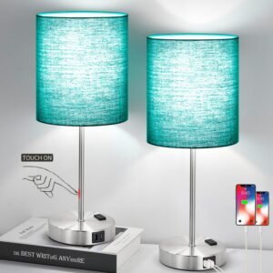 𝟮𝟬𝟮𝟯 𝗡𝗘𝗪 Green Touch Table Lamps Set of 2 with 2 USB & AC Outlet, 3-Way Dimmable Bedside Nightstand Lamps for Bedroom lamps Living Room Nursery, 800 Lumens 5000K Daylight Bulbs Included