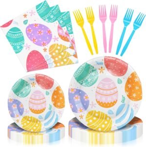 96 Pieces Easter Day Tableware Set Party Supplies – Colorful Eggs Pattern Disposable Dinnerware with Paper Plates, Napkins, Forks for Spring Celebrations Picnic Favors