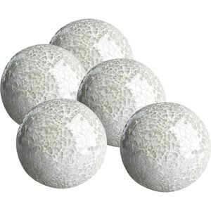 WHOLE HOUSEWARES | Decorative Balls | Decorative Balls for Centerpiece Bowls | Set of 5 | Glass Mosaic Sphere | Diameter 3″ | Modern Decorative Orbs (White)