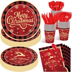 175 Pcs Merry Christmas Party Supplies Set – Serves 25, Festive Red and Black Plaid Disposable Tableware, Includes Paper Plates, Cups, Napkins, Forks, Spoons, Knives for Xmas Holiday Celebrations