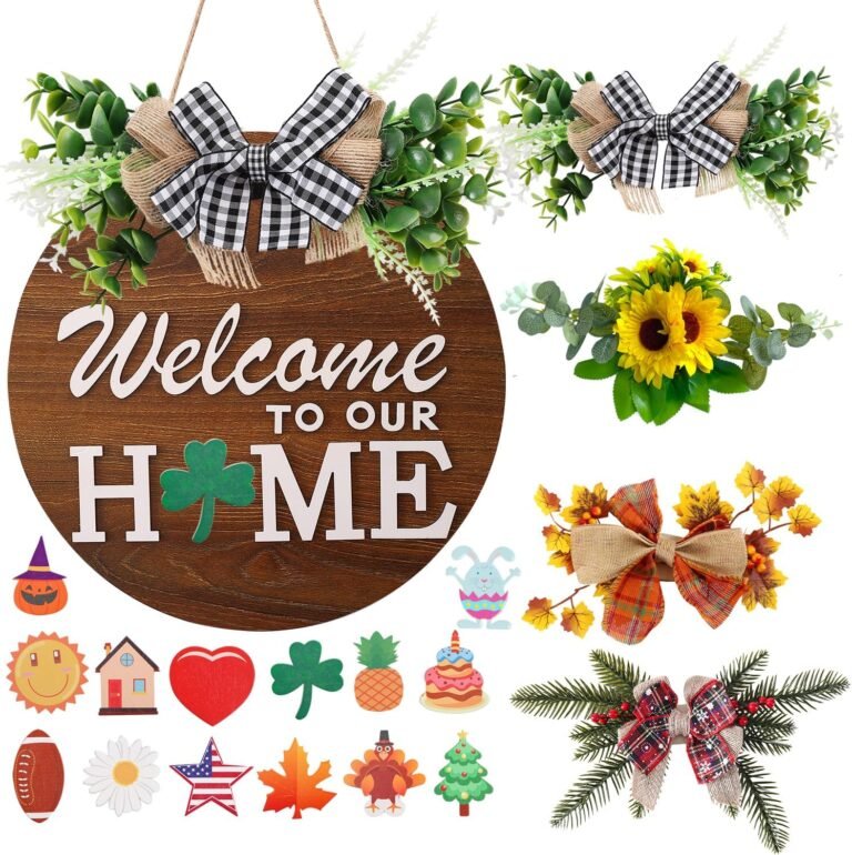 Interchangeable Welcome Sign for Front Door with 4 Seasonal Wreaths and 14 Changeable Icons, Farmhouse Front Door Signs, Door Decoration Porch Decor, Seasonal Wooden Home Sign Home décor (6wood)