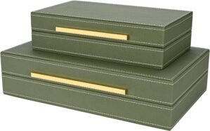 Green Shagreen box Set of 2 Faux Leather Decorative Boxes,Large Nesting Storage Decorative Boxes with Lids for Modern Home Decor Stacking Jewelry Box Organizer