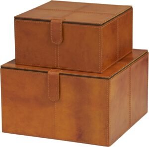 Deco 79 Leather Handmade Decorative Box Storage Decorative Keepsake Boxes with Snap Front Closure and Detailed Stitching, Set of 2 Storage Boxes 10″, 8″ W, Brown
