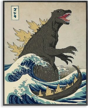 Stupell Industries Godzilla in the Waves Eastern Poster Style Illustration Framed Giclee Art Design By Artist Michael Buxton