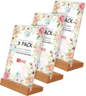 TONICE® 3 Pack 8.5×11 Acrylic Sign Holder L Shape Slant Back Design Clear Acrylic Frame Wood Base, Table Menu Display Stand, Flyer Display (Optional 8.5×11/5×7 Inch L/T Shape)