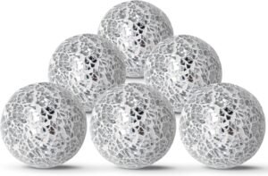 6Pcs Decorative Ball Set, 6cm/2.4inch Mosaic Glass Orbs Centerpiece Balls for Decorate Tables Wedding Party (Silver)