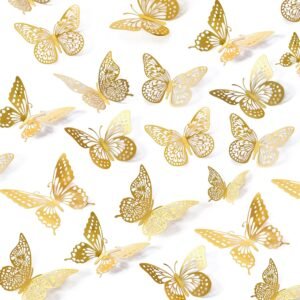 SAOROPEB 3D Butterfly Wall Decor – 48 Pcs, 4 Styles, 3 Sizes, Gold Butterfly Decorations for Birthday & Party Celebrations, Removable Stickers
