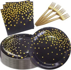 Serves 35 Guests Black and Gold Plates and Napkins Party Supplies,7″ Black Paper Plates and Napkins,Disposable Party Dinnerware for Birthday Wedding,Graduation