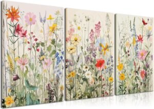 KISSFOX Framed Colorful Wildflower Canvas Wall Art Set Of 3 Flowers Pictures Prints Flowers Printing Floral Watercolors Flower wall Decor Living Room Girls Bedroom Bathroom
