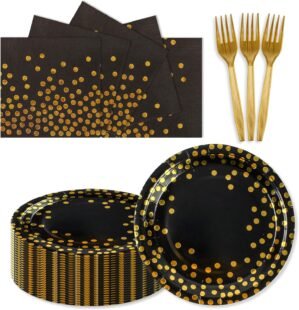 150PCS Paper Plates and Napkins Set – Black and Gold Dot Disposable Party Dinnerware Includes Paper Plates, Napkins, Forks Decorations for Birthdays, Graduations, Weddings and Holidays, Serves 50
