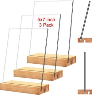 newnewshow Acrylic Sign Holder with Wood Base Wood Sign Holder Vertical or Slant Back Display for Store Office (5×7 L/T)