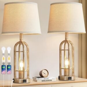 Table Lamps for Living Room End Table Set of 2 – Rustic Farmhouse Bedside Lamps for Bedroom Nightstand with Nightlight and USB A+C, 4 Bulbs Included