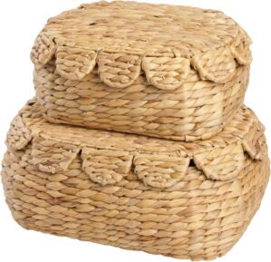 Set of 2 Hand Round Wicker Storage Baskets with Lid, Rattan Basket Decorative Boxes, Woven Storage Box Hyacinth Basket with Lids, Scalloped Edge Wicker Basket with Lid