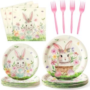 Easter Party Supplies Tableware – 96PCS Easter Themed Party Plates Spring Flower Bunny Plates Napkins and Forks Complete Disposable Set Serve 24 Guests Dinnerware for Holiday Party Table Decor