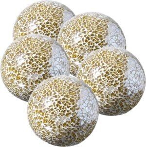WHOLE HOUSEWARES | Decorative Balls | Decorative Balls for Centerpiece Bowls | Gold Bowls Decorative Set of 5 | Glass Mosaic Sphere | Diameter 3″ | Modern Decorative Orbs (Gold)