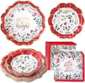 Kate Aspen 62pc Christmas Tableware Set Holiday Dinner Party Kit – 16pcs 7 inch & 9 inch Heavy Duty Disposable Party Plates, 30pcs 6.5 inch Durable Paper Napkins